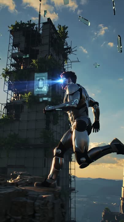 Cinematic tracking shot: The camera follows a lone cyborg sprinting across the shattered upper le...