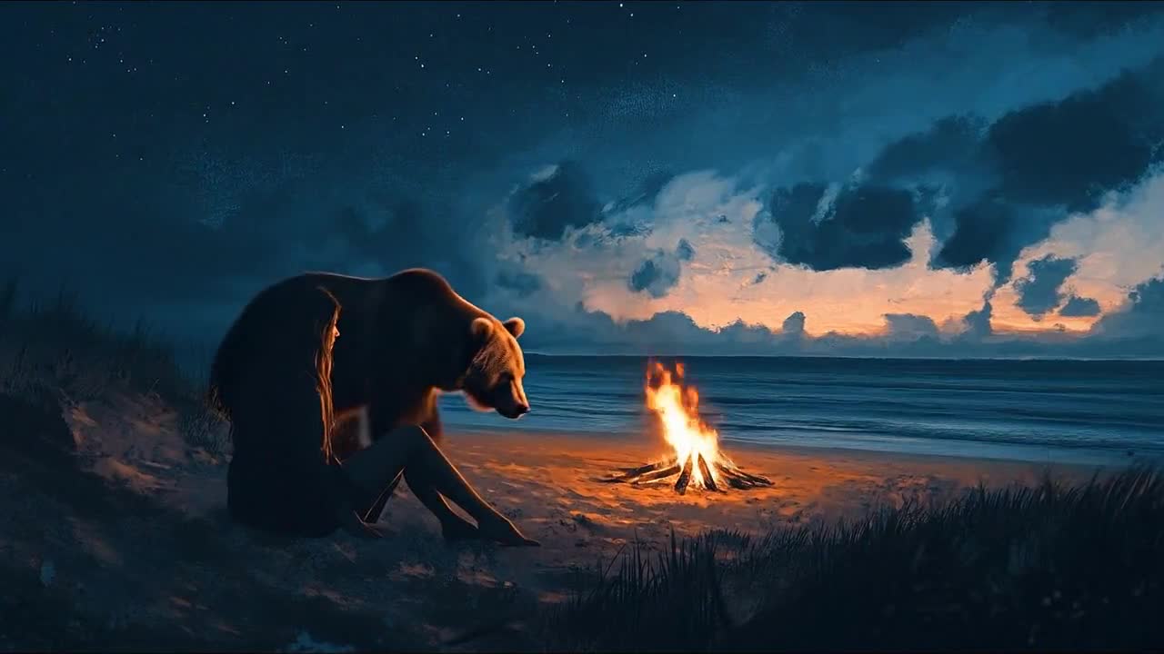 костер горит, в кадр заходит медведь и закдровый голос говорит: жить надо сполна