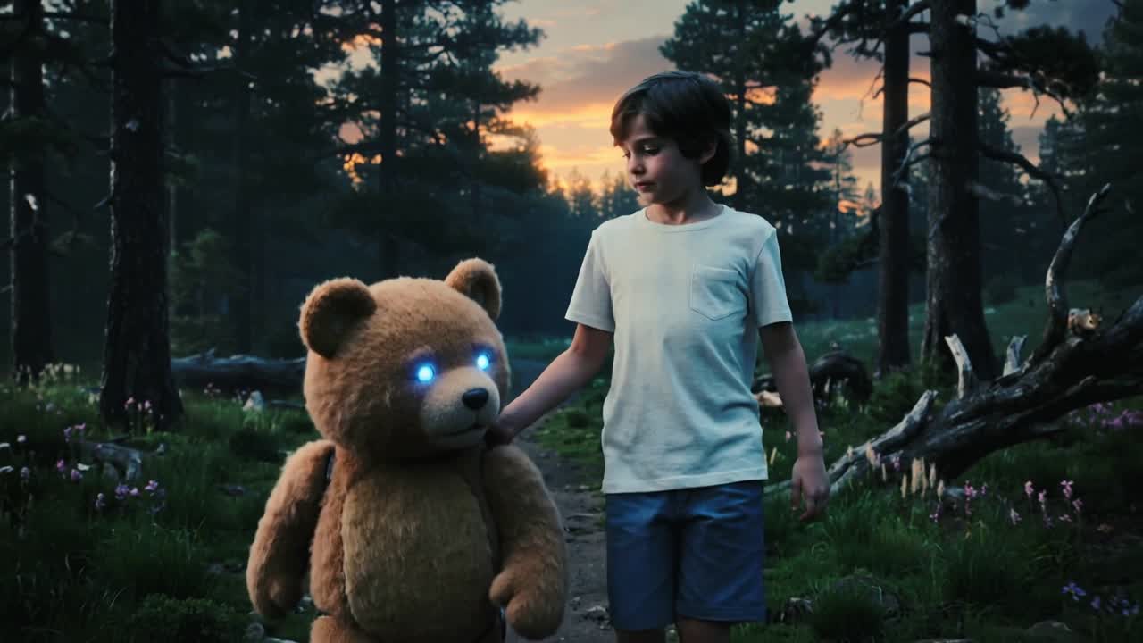 Boy wearing shorts and tshirt walking towards dark forest with the sunset at his back, a cyberpun...