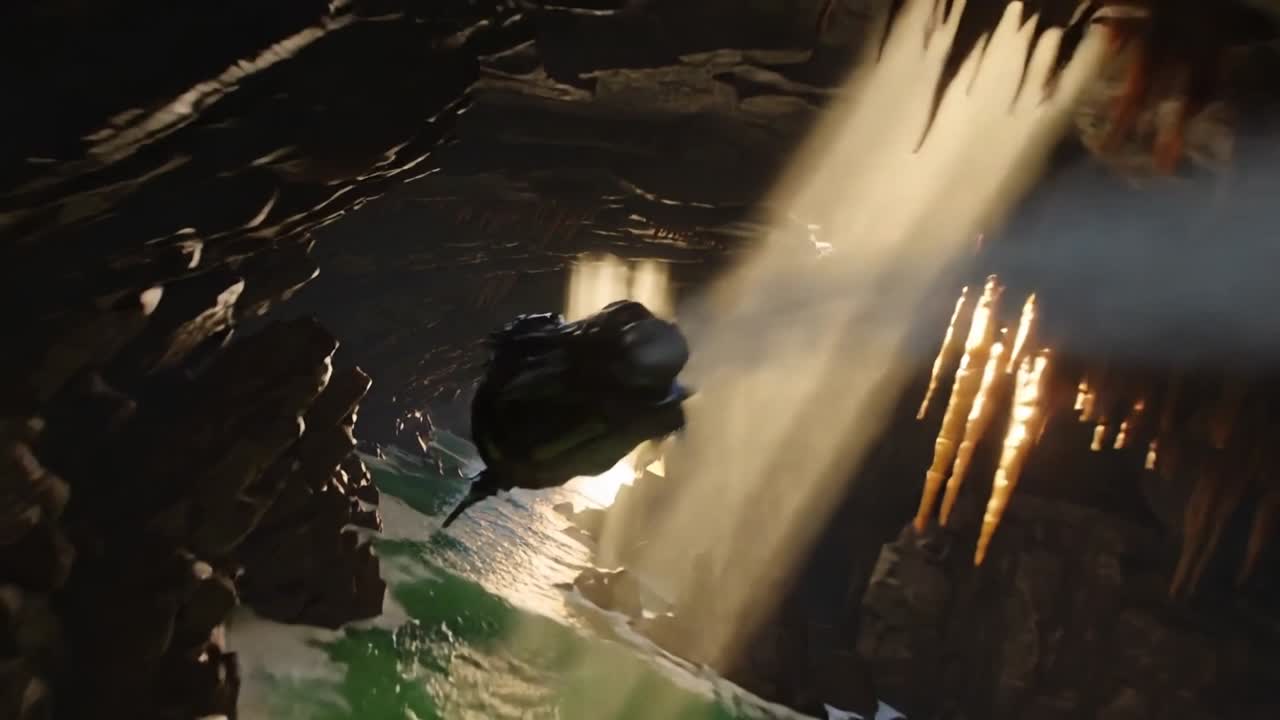 Fast-paced FPV cinematic flight plunging into a colossal coastal cliffside cave at sunrise, skimm...