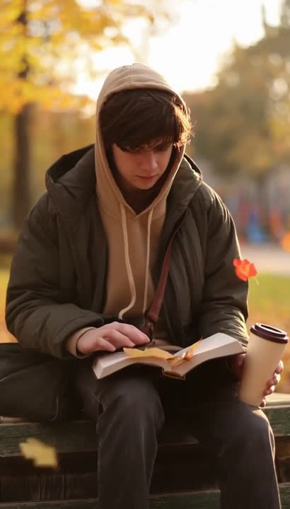 Средний план: подросток на лавочке листает книгу, иногда пьёт напиток, ветер сдувает осенние лист...